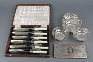 A novelty silver plated 100 dollar bill cigarette case, a bon bon set and a cased set
