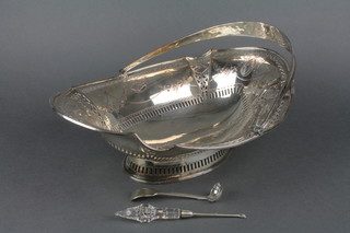An Edwardian silver plated pierced swing handled basket and 2 other items