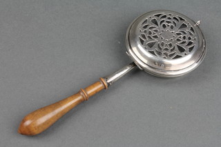 A miniature silver and fruit wood novelty bed warmer with pierced lid, London 1909 6" 