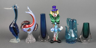 A Murano glass clown 10" and 5 other items