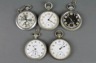 A metal pocket watch with black dial and seconds at 6 o'clock and 4 others