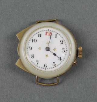 An early 20th Century gilt and mother of pearl wristwatch with enamelled dial and red 12 