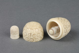 A 19th Century carved ivory ovoid thimble case 2" 