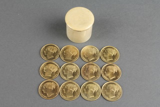 12 mid Victorian gaming tokens "Keep Your Temper", together with an ivory cylindrical box 1" 