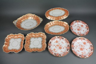 A 19th Century part dinner service comprising 2 quatrefoil dishes, a 2 handled deep bowl and 2 oval shallow bowls, the orange ground with gilt star burst decoration together with 3 Royal Crown Derby ochre decorated plates 