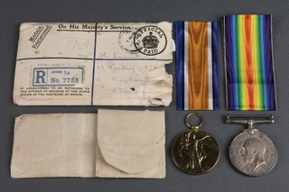 A World War One pair of medals to 145310 Gnr.H. Lamerton.R.A. in original posting envelope