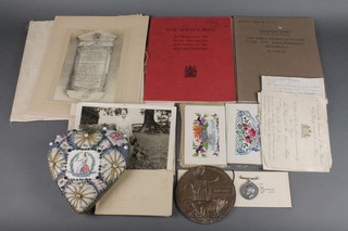 British War medal and death plaque to G/38859 Pte.J.Olley. The Queens R. together with with related photographs, press cuttings invitations roll of honour sweetheart postcards and a sweetheart pin cushion,  (gamekeeper to Sandringham estate)