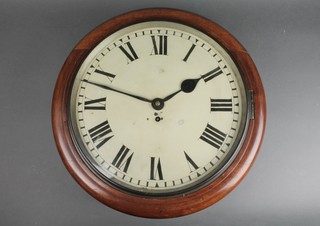 A fusee wall clock with 13 1/2" painted dial, Roman numerals, contained in a mahogany case and with 4 1/2" back plate