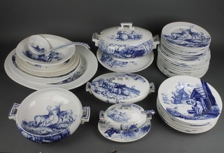 A Moore & Co Pastoral design dinner service decorated with animals comprising a small tureen and cover, stand and ladle, 11 side plates, 12 dinner plates, vegetable dish and cover, a 2 handled bowl, 9 soup bowls, 1 cake stand, 1 large ladle, an oval deep bowl, a large vegetable dish and cover, 4 oval graduated meat platters and a large meat dish  