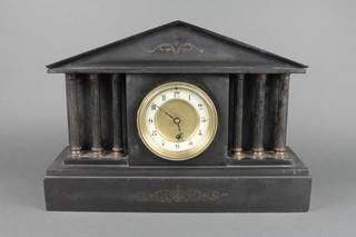 A 19th Century French timepiece with enamelled dial and Arabic numerals contained in a black marble architectural case, the back plate marked with 2 crossed arrows 