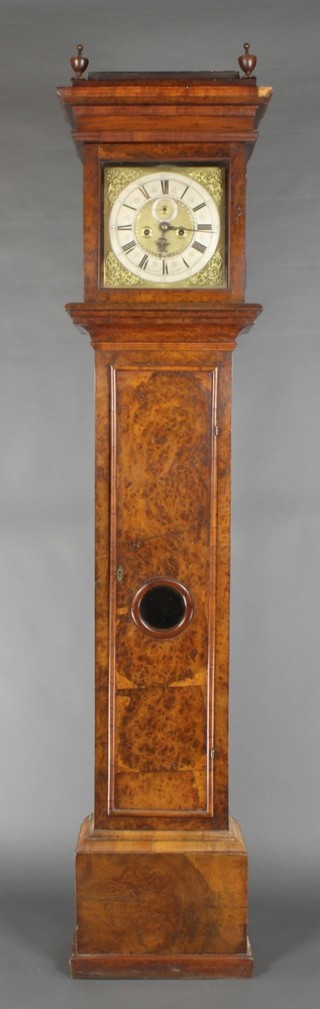 Robert Sly? an 18th Century 8 day London longcase clock, the 11" brass dial with gilt metal spandrels, silvered chapter ring, Roman numerals and minute indicator, calendar aperture, having a 5 pillar movement striking on bell, contained in a walnut case, having a long door with bullion panel, 80"h, 