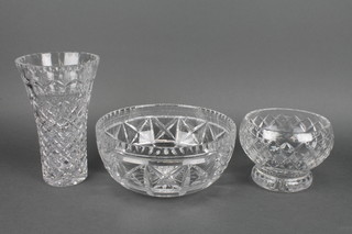 A cut glass fruit bowl 10", a ditto pedestal bowl and flared neck vase