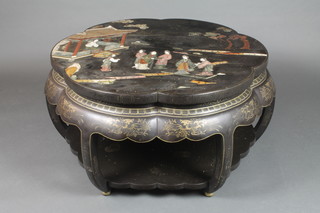 A circular Chinese lacquered and inlaid hardstone occasional table, raised on 6 curved supports with undertier, the top inlaid a temple scene with figures and attendants 18"h x 31" diam. 