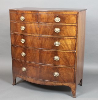 A 19th Century mahogany bow front chest of 2 short and 4 long drawers with brass oval plate drop handles, raised on bracket feet, 48"h x 42"w x 21 1/2"d 