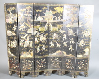 A 19th Century Chinese 6 fold lacquered screen decorated court scenes and inlaid hardstones 55"h x 66"w 
