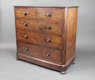 A Victorian mahogany D shaped chest of 2 short and 3 long drawers with turned ebony tore handles, inlaid mother of pearl, the top right hand drawer labelled Hammonds, Bell Yard Lincoln's Inn, Chantry Lane, 45"h x 22" 