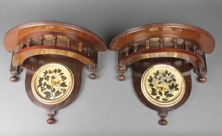 Oetzmann & Company.   A pair of Edwardian Art Nouveau bow front walnut brackets with bobbin turned decoration and circular painted panels, the reverse marked artistic furniture, furnishing throughout 11"h x 15"w x 7 1/2"d