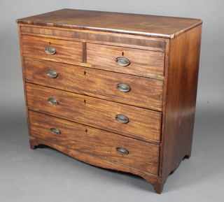 A Georgian mahogany chest of 2 short and 3 long drawers with brass plate drop handles and brass escutcheons, raised on bracket feet 38 1/2"h x 42 1/2"w x 21"d