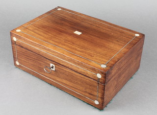 A Victorian rosewood inlaid mother of pearl sewing box with hinged lid, the interior fitted 3 mother of pearl implements, complete with polished steel key, 4"h x 10"w x 7"d  
