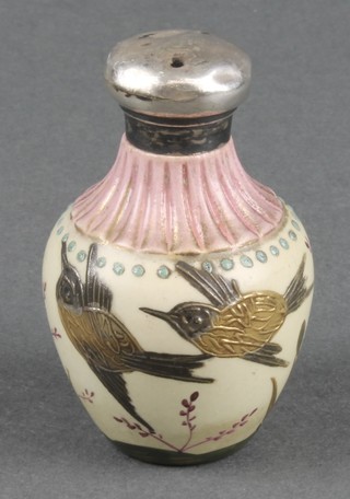 An Edwardian Secessionist decorated oviform scent bottle with silver lid 2" 