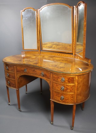 A Sheraton revival satinwood cross banded and inlaid kidney dressing table with triple arched mirror and 7 drawers raised on square tapered legs 68" high x 67" wide x 27" deep