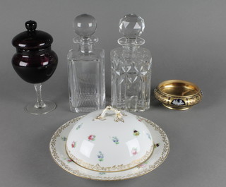 A cut glass square spirit decanter 9", 1 other and minor china and glassware