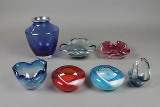 A blue glass baluster vase 8", a quantity of coloured glassware