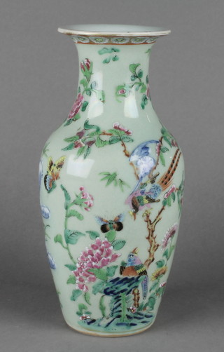 A 19th Century Celadon famille rose vase with figures in a landscape 9 1/2" 