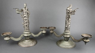 A pair of Japanese style white metal twin light candelabrum decorated dragon 16"h 