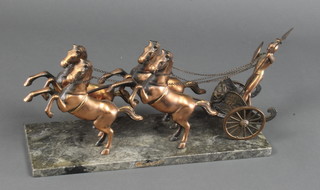 A spelter figure group of a charioteer being drawn by 4 horses, raised on a marble base 18" 