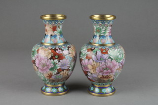 A pair of cloisonne enamelled club shaped vases with floral decoration 6" 