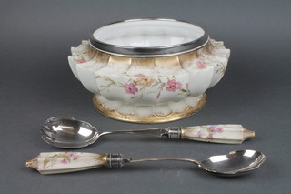 A Royal Doulton blush porcelain salad bowl with plated mounts and servers