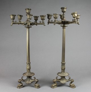 A pair of 19th Century gilt metal 5 light candelabrum with beaded columns and 3 hoof feet 20"