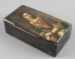 A rectangular 19th Century lacquered snuff box the lid painted a portrait of a lady 1"h x 3 1/2"w x 2"d 