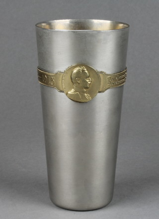 A German waisted metal beaker with parcel gilt interior decorated Franz Joseph I  and Wilhelm II, dated 1914-1915