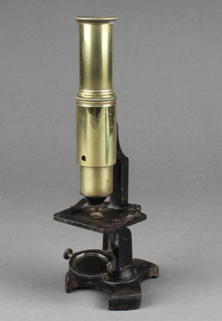 A brass and iron single pillar students field microscope (one bolt to mirror missing)  