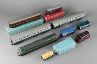 A British Railways double headed diesel locomotive, a Dublo Corridor coach D3 boxed, ditto tender D2 together with a Hornby Dublo 4315 horse box (BR), 3 carriages and 2 items of rolling stock