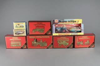 A Matchbox model Y6 1913 Cadillac, Matchbox model Y10 1928 Mercedes - boxed, Matchbox Superking model A-3 Mod tractor and trailer - boxed (box slightly damaged) together with 5 Matchbox models of Yesteryear