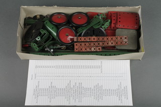 A quantity of various red and green Meccano girders, parts etc 