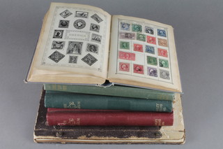 A Lincoln stamp album of used world stamps, a red and green Ace stamp album of used world stamps, a green Sterling album of used world stamps and a brown album of commonwealth stamps