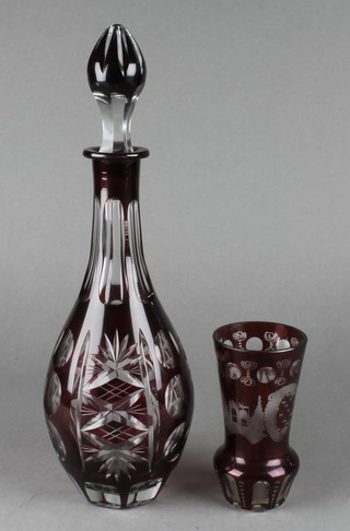 A Czechoslovakian flash ruby glass pear shaped decanter and stopper 14 1/2", a ditto beaker vase 5"