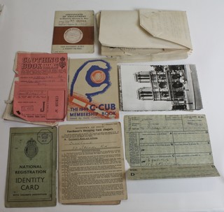 9 WWII propaganda drop hand bills - "Krigens Gang", a Certificate of Employment in Essentials in War pass, a National Registration identity card, a National Health Insurance record card, 2 clothing ration books etc 