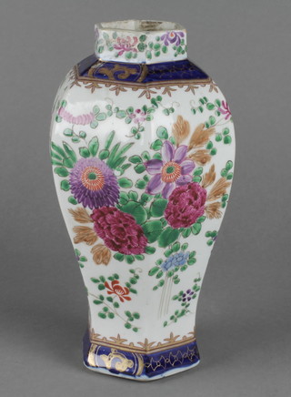 A 19th Century Sampson hexagonal baluster vase decorated with peony and scrolling flowers 8 1 1/2"