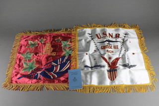 A Second World War Royal Canadian silk panel decorated with crest, flag and maple leaves 16" x 16", a USNR Grosse Ile Mich silk and printed cloth 12" x 12", a Liberty of Service edition of The Gospel of St Mark, all contained in a envelope marked active service gift 