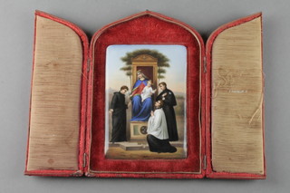 A 19th Century Continental painted rounded rectangular porcelain panel of the virgin and child with 3 attendants in a fitted plush velvet arched case 7" 