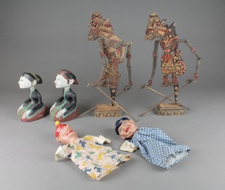 A pair of "Thai" puppet figures, a plastic puppet in the form of Mr Punch and 1 other puppet and 2 Eastern carved figures