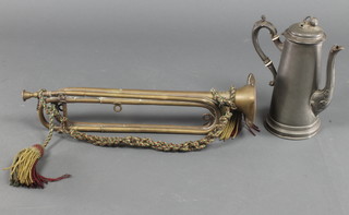 A Lecomte, a French brass pageant trumpet, some dents, together with a waisted pewter coffee pot 