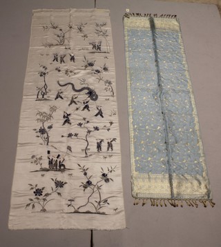 A section of embroidered white Chinese silk decorated figures, printed signature to the reverse  18" x 28 1/2" together with a rectangular section of Indian blue and silk woven panel 17" x 21 1/2" 