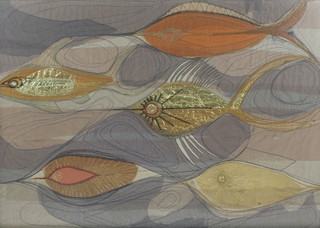 Ann Lomax, a 1960's fabric collage of fish 22" x 31 1/2" 