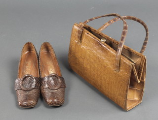 A crocodile handbag together with a pair of lady's crocodile shoes